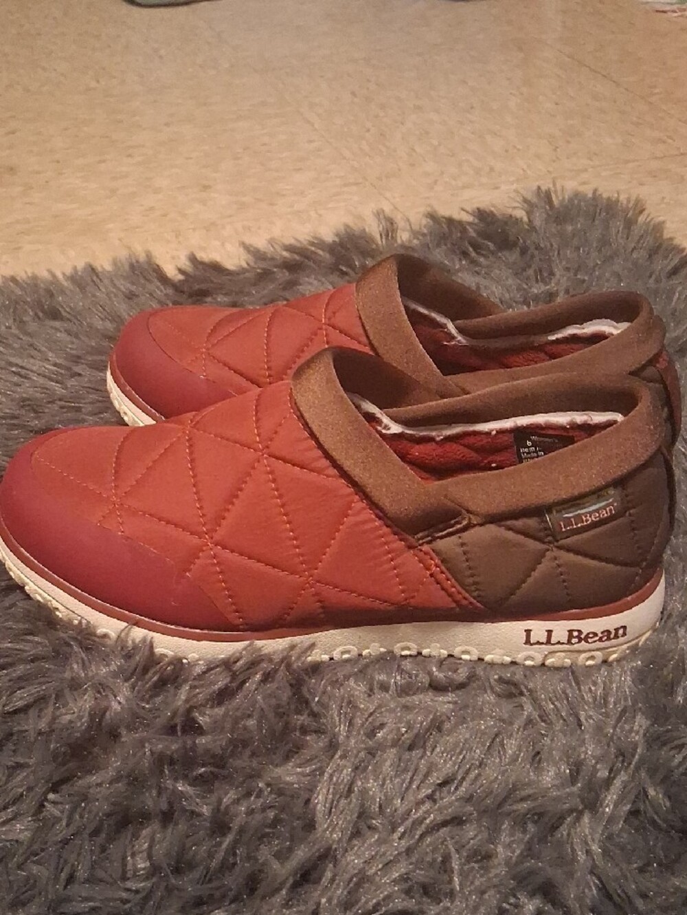 L.L. Bean Quilted Slip-On Shoes in Burgundy with Brown Trim - Picture 5 of 8